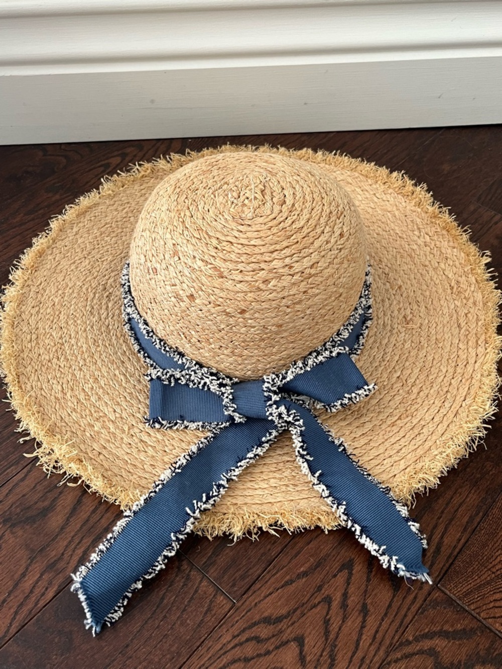 Straw Sun Hat with Navy Fringed Denim Bow
